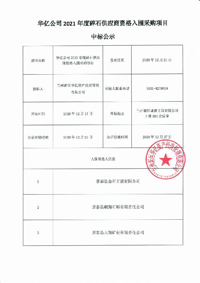 华亿公司2021年度碎石供应商资格入围采购项目中标公示-兰州新区AB娱乐集团门户网站