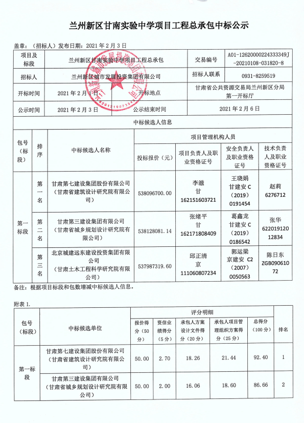 兰州新区甘南试验中学项目工程总承包中标公示-兰州新区AB娱乐集团门户网站