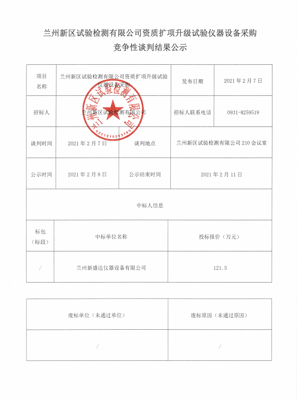 兰州新区实验检测有限公司资质扩项升级试验仪器装备采购竞争性谈判效果公示-兰州新区AB娱乐集团门户网站