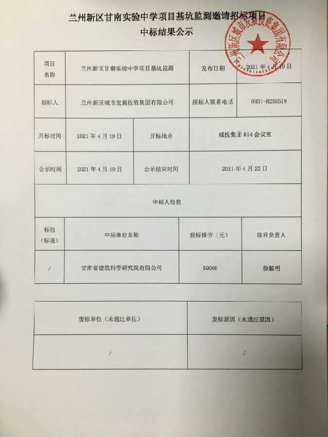 兰州新区甘南实验中学项目基坑监测约请招标项目中标效果公示-兰州新区AB娱乐集团门户网站